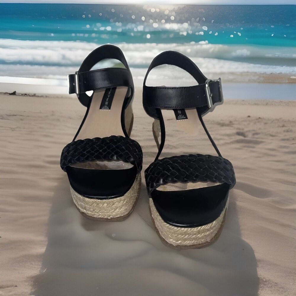 Steve Madden Black Sabble Braided Top Leather Buckle Open Toe Sandals Size 8B